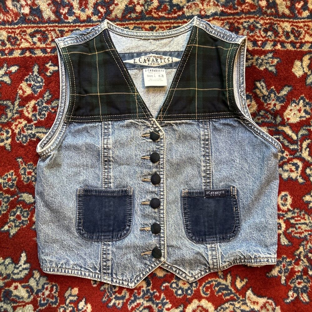 Vintage Youth Girls Denim Vest Size Small Z Cavaricci 90s Stone Wash Plaid
